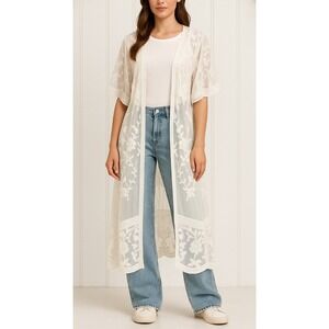 ADIVA Lace Kimono LARGE Cream Floral Boho Hippie Romantic Open Cover Up‎ Sheer